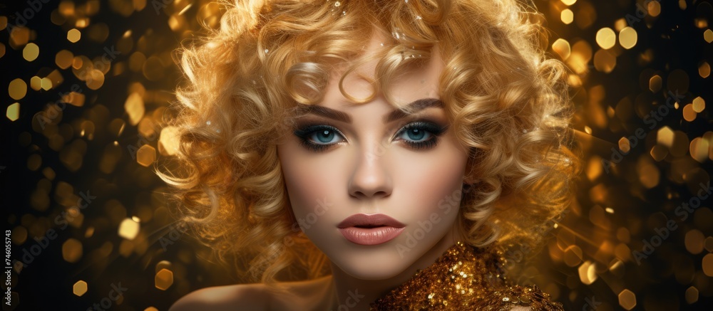 Expressive Woman in Golden Festive Makeup Reflecting Various Emotions for New Year Celebrations Expressive Woman in Golden Festive Makeup Reflecting Various Emotions for New Year Celebrations
