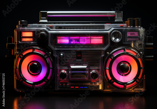 Neon sound system boombox on black background, Generative AI 