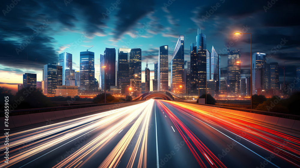 Big city skyline and traffic lights blur motion, skyscrapers and highway light tracks during rush hour