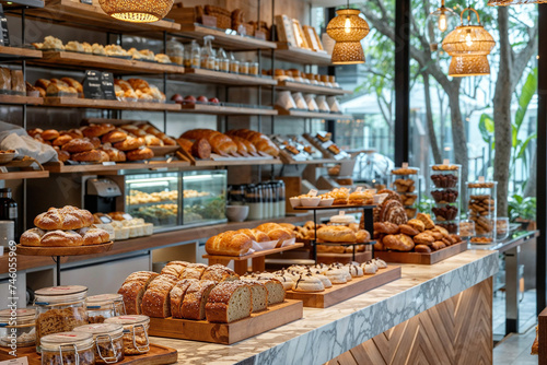 Modern Bakery Cafe Interior with Assorted Breads and Desserts on Display