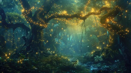 An enchanted forest with magical creatures, glowing plants, ancient trees, a hidden fairy village, mystical ambiance. Resplendent.