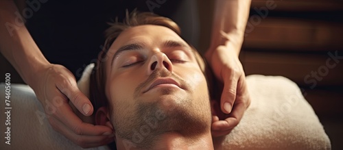 Serene Man Enjoying Relaxing Facial and Head Massage Treatment at Luxury Spa