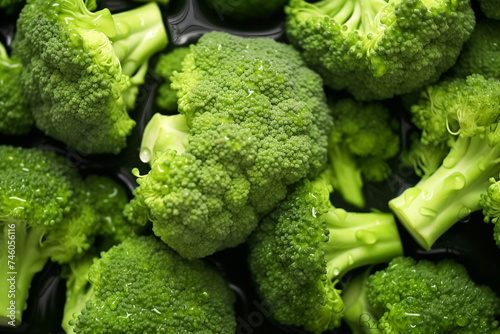 Top view on broccoli background of healthy vegetables, natural background of fresh broccoli representing, with water drops. 