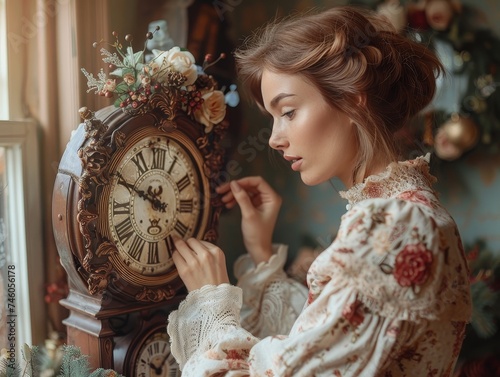 Time Change on Old Clock for Daylight Savings - Spring Forward or Fall Back - Woman in 1800s Dress photo