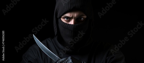 Intimidating Man in Balaclava Threatens with Knife in the Shadows