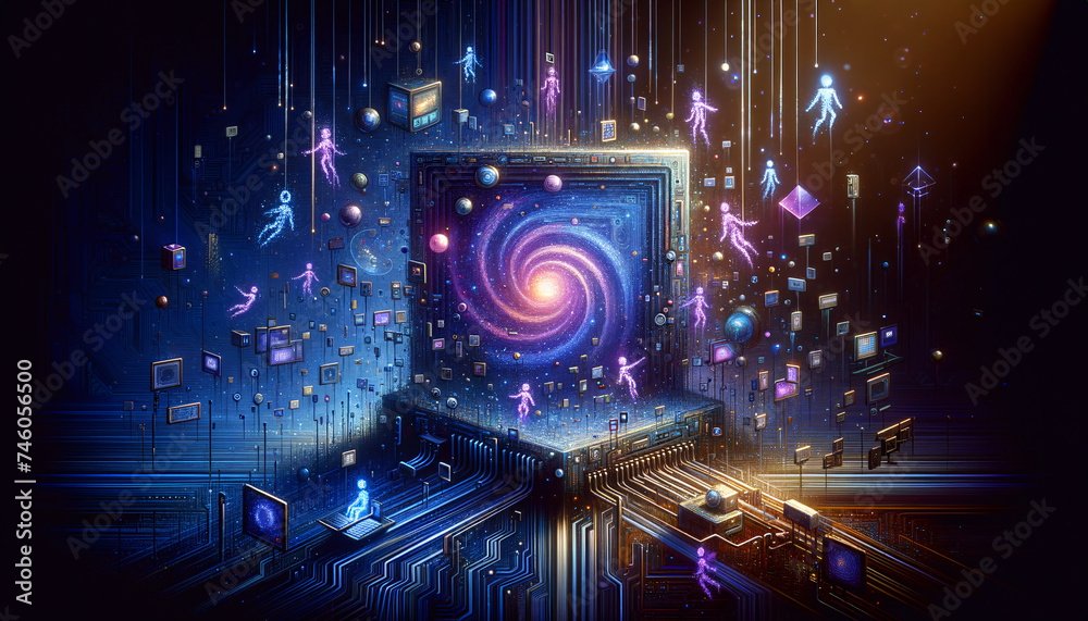 Surreal Cyber Nexus: The Digital Dreamland with Intricate Bulletin Board - obrazy, fototapety, plakaty 