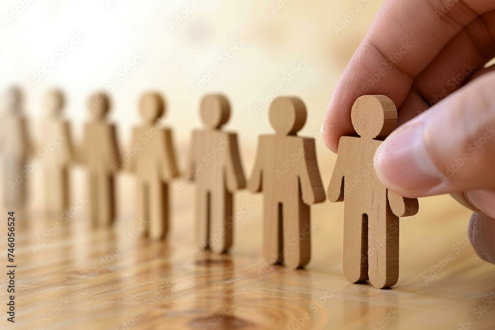 Recruitment Success: Hand selecting diverse wooden figures in employee hiring concept, HR strategy for team diversity and growth Recruitment Success: Hand selecting diverse wooden figures in employee hiring concept, HR strategy for team diversity and growth