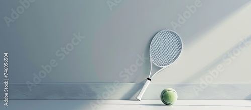 A tennis racket rests casually against a plain wall, with a tennis ball nearby. The scene suggests a temporary pause in a game or practice session.