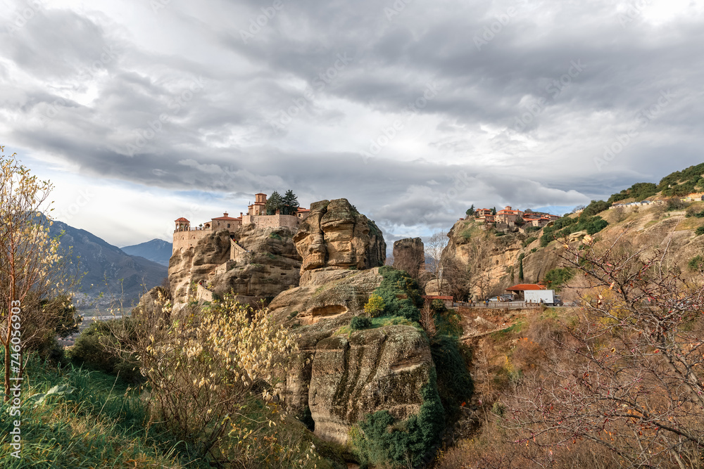 Panoramic view to Meteora Monasteries near Kalambaka village Thessaly Greece pilgrimage tourism