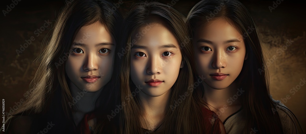 Obraz premium Captivating Trio: Three Young Teenage Girls with Long Flowing Hair and Soulful Dark Eyes