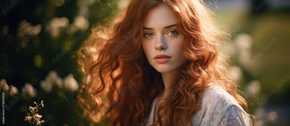 Spirited Woman with Long Red Hair and Blue Eyes Enjoying a Sunny Day Outdoors