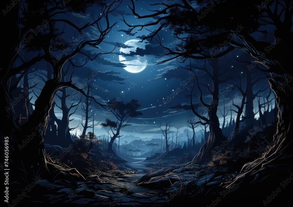 A dark forest with a full moon shining brightly in the sky