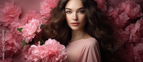Serene Beauty: Woman with Pink Flowers and Long Flowing Hair Embracing Nature's Elegance