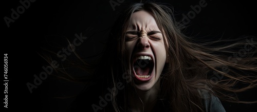 Terrified Brunette Teen Girl with Long Hair Screaming in Fear and Panic Against White Background