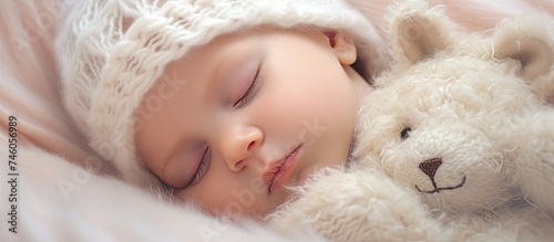 Peaceful Baby Sleeping Soundly Next to Fluffy Teddy Bear for a Tranquil Nap Time