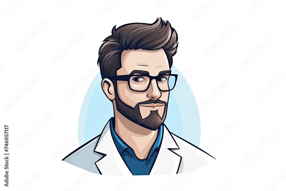 logo, outline, side view, male doctor in white coat wearing glasses and with beard logo, outline, side view, male doctor in white coat wearing glasses and with beard