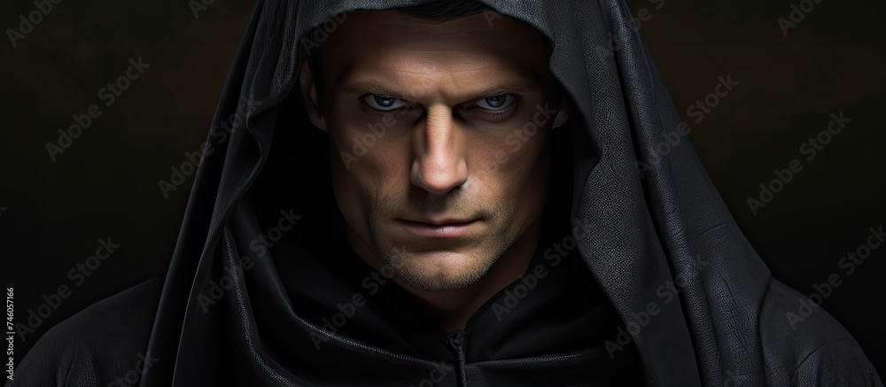 Intense man with a black hooded cloak exuding mystery and danger - obrazy, fototapety, plakaty 