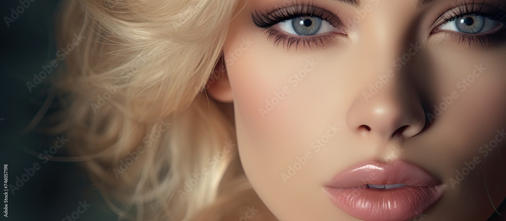 Mesmerizing Beauty: Close-Up of a Blonde Woman with Sultry Blue Eyes and Elegant Makeup Mesmerizing Beauty: Close-Up of a Blonde Woman with Sultry Blue Eyes and Elegant Makeup