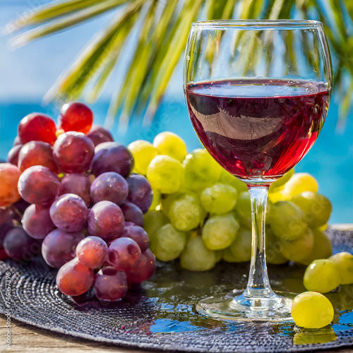 red wine and grapes on beach background
