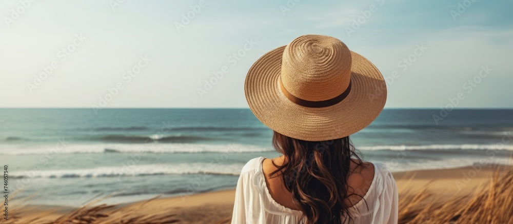 Contemplative Woman in Straw Hat Gazing at Vast Ocean View, Serene Summer Vacation Scene