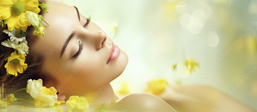 Serene Beauty: Woman Embracing Nature with Blooming Flowers in her Hair - obrazy, fototapety, plakaty 