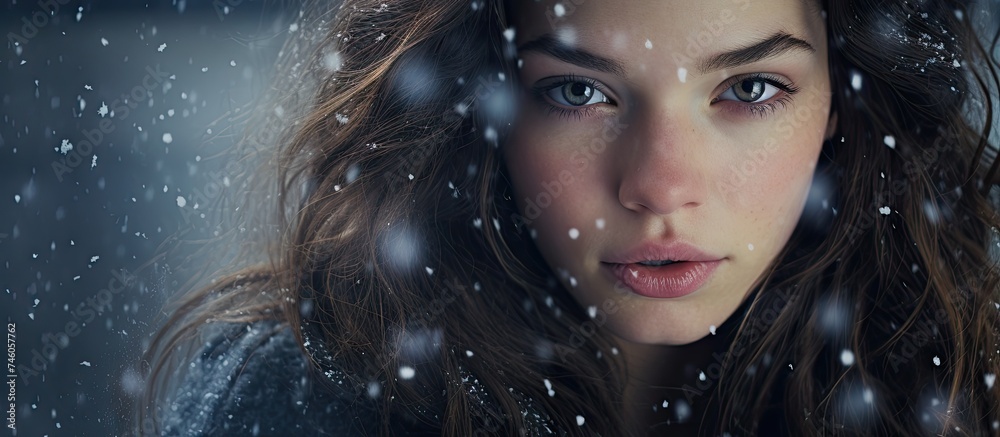 Enchanting Winter Beauty: Woman with Long Brown Hair in Serene Snowfall Wonderland