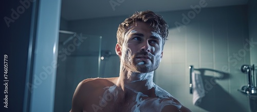 Young man grooming and shaving his face in a modern bathroom