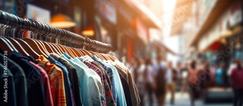 Vibrant Shirts Displayed on a Street Market Clothing Rack with Abstract Blurred Background