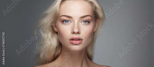 Radiant Beauty: Close-up of a Blonde Woman with Glamorous Makeup and Flawless Skin