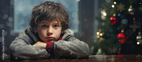 Thoughtful child gazing at camera near Christmas tree with festive decorations photo