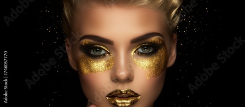 Expressive Female with Shimmering Gold Glitter Makeup Showing Various Emotions for Festive New Year Celebrations
