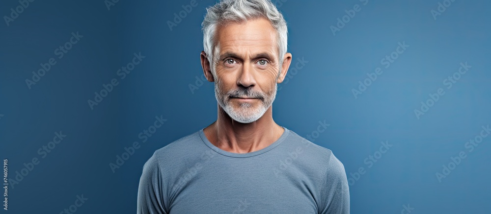 Serious Middle-Aged Man with Grey Hair in a Relaxed Pose over Blue Background