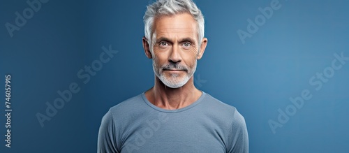 Serious Middle-Aged Man with Grey Hair in a Relaxed Pose over Blue Background