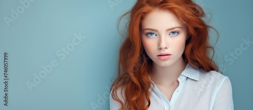 Serene Portrait of Ethereal Redhead Woman with Piercing Blue Eyes on Soft Pastel Background