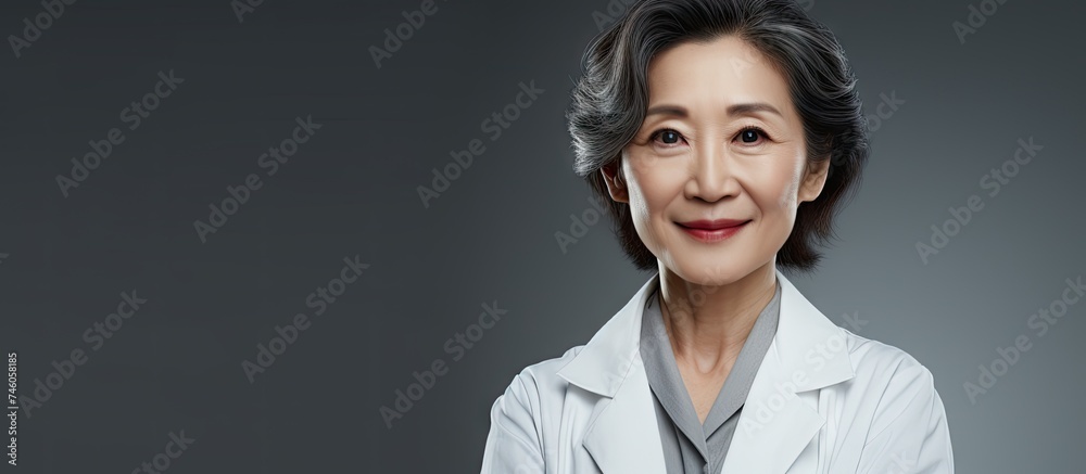 Confident Asian Female Doctor in White Lab Coat and Black Hair Standing Against Gray Background Confident Asian Female Doctor in White Lab Coat and Black Hair Standing Against Gray Background