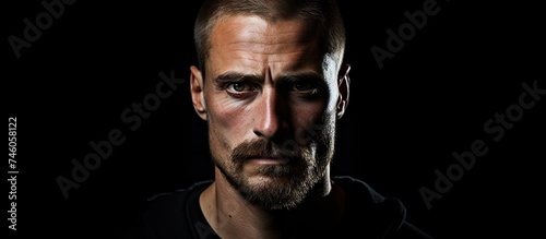 Intense Bearded Man's Dramatic Portrait on Mysterious Black Background