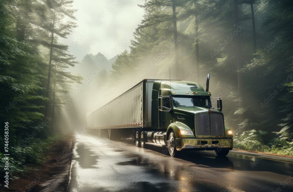 A green truck on the road amidst the forest, transporting goods across America, generative AI
