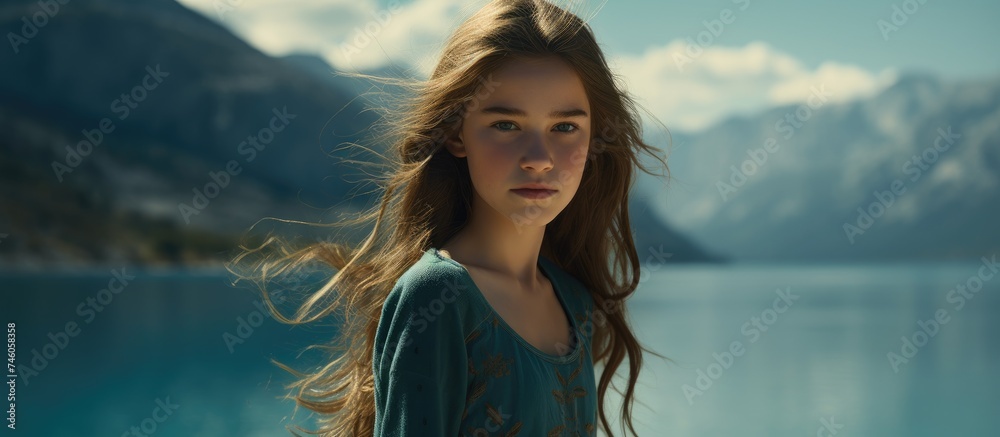 Serene Girl Contemplating Turquoise Lake and Majestic Mountains in Nature's Embrace Serene Girl Contemplating Turquoise Lake and Majestic Mountains in Nature's Embrace