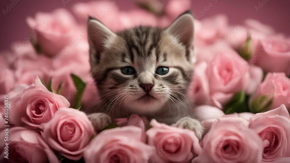 cat and flowers An amusing scene where a sleepy kitten is   inside a surprise  of pink roses,  