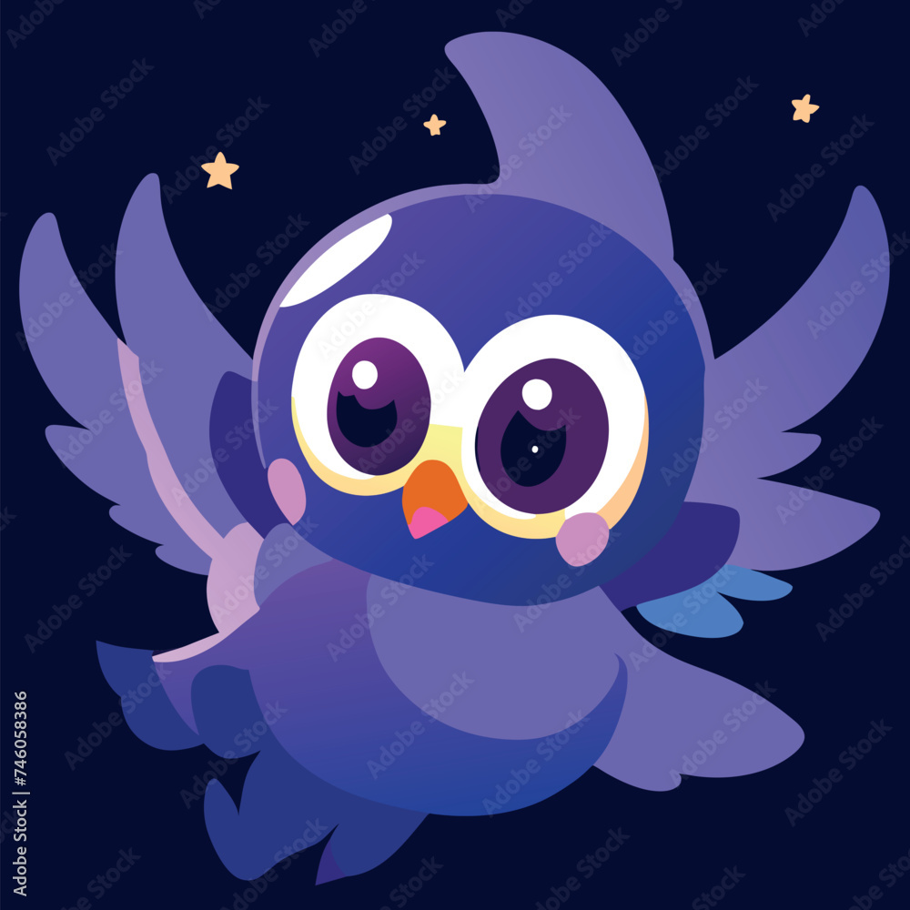 an alien bird flying through the night sky, vector illustration kawaii