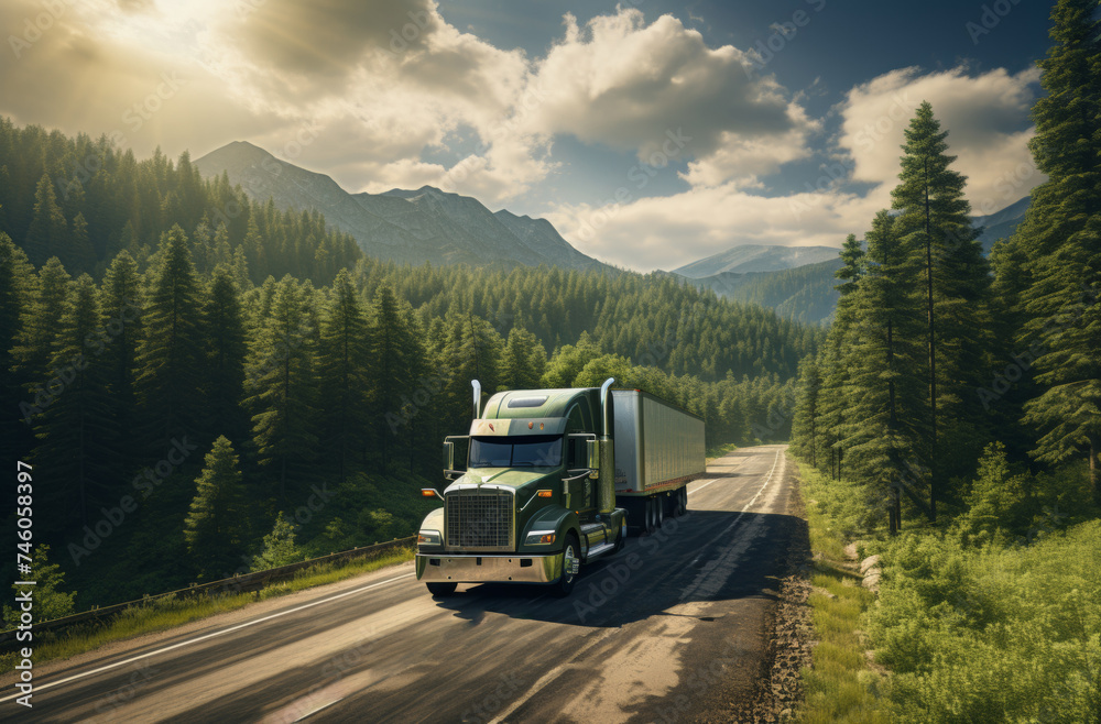 A green truck on the road amidst the forest, transporting goods across America, generative AI