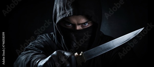 Sinister Figure Concealed in Darkness Wields Menacing Blade with Intimidating Stare photo