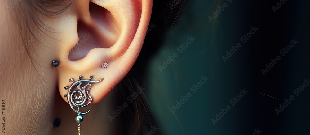 Close-up of a Woman's Silver Ear Piercing Featuring Conch and Helix Piercings - obrazy, fototapety, plakaty 