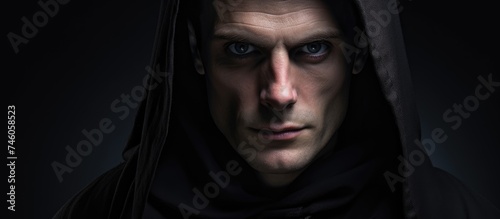Mysterious Man Concealed in Shadowy Hooded Robe - Enigmatic Portrait of a Male Figure