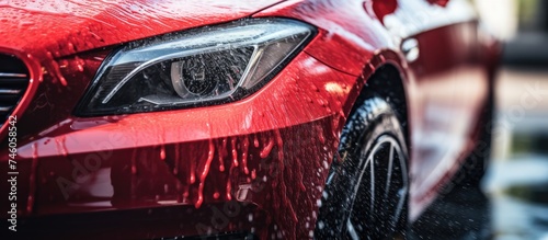 Red Sports Car Receives Expert Wash with A High-Pressure Water Jet at Auto Detailing Shop © HN Works