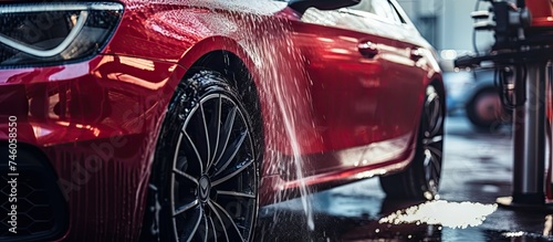 Vibrant Red Car Undergoes Thorough Cleaning Process at Professional Car Wash Station