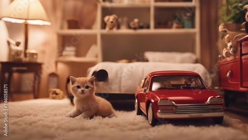 A humorous depiction of a kitten   dozing off in a dollhouse bed, with miniature furniture and toy car  photo