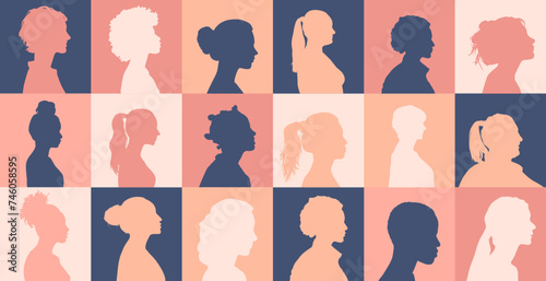 Ensemble d'illustrations de profils de femmes - Journée internationale des droits des femmes - Jour de la femme - Diversité, différence, tolérance, inclusivité - Profils féminin - Silhouettes 