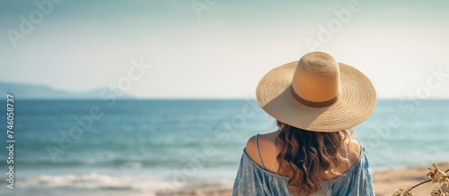 Contemplative Woman in Straw Hat Gazes Longingly Across Vast Ocean Waters