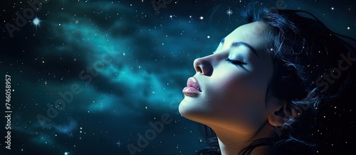 Dreamy Woman Gazing at the Twinkling Stars and Moonlit Sky Above